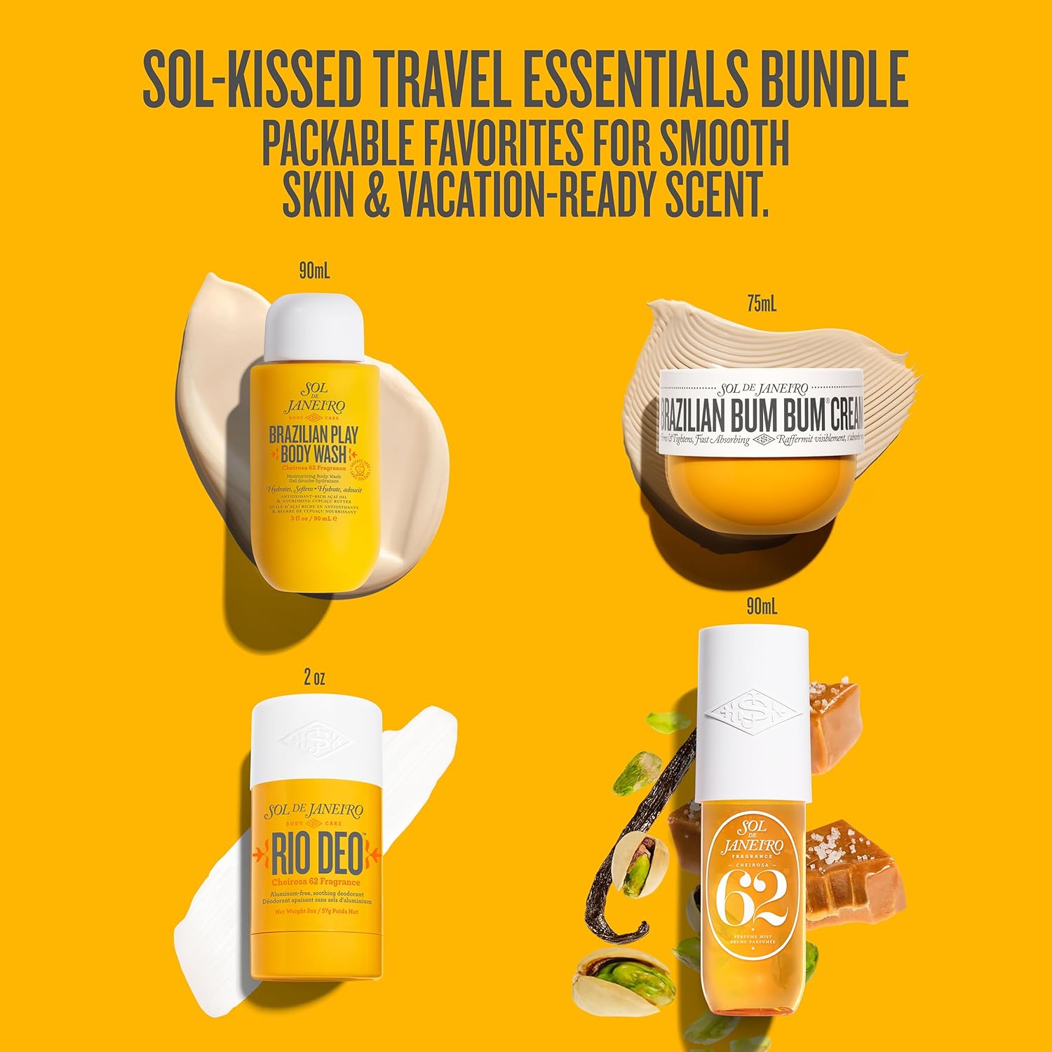 Sol de Janeiro Travel Essentials Bundle - Cheirosa 62 Perfume Mist, Rio Deo, Bum Bum Cream & Body Wash | TSA-Friendly Sizes