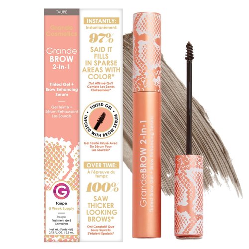 Grande Cosmetics GrandeBROW Tinted Brow Gel & Enhancing Serum - Thicker, Darker Eyebrows with Castor Oil & Mini Fibers - Taupe, Full Size (0.12 fl oz)