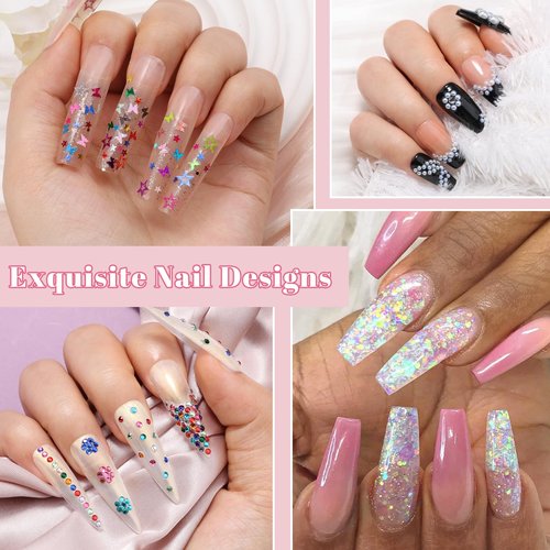 Kikonoke 10 Boxes Nail Art Kit - 12 Colors Pointed/Flatback Rhinestones, 3D Gold/Silver/Rose Nail Studs, White Beige Half Pearls, Holographic Glitter & Foils + 3 Tools for DIY Nail Art Jewels & Crafts