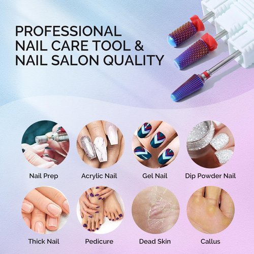 MelodySusie 3Pcs Nail Drill Bits Set, 3/32'' Carbide Tungsten Bits, 5 in 1, Smooth Round Top Large Barrel and Tornado Bits, Suitable for Manicure Pedicure Cuticle Gel Acrylic Remover, Purple