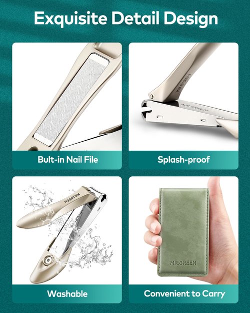 MR.GREEN Nail Clippers, 3PCS Nail Clipper Set with Anti Splash Fingernail Clipper and Ear Pick, Professional Nail Clippers for Men and Women, Stainless Steel Nail Cutter with Leather Case (Green)