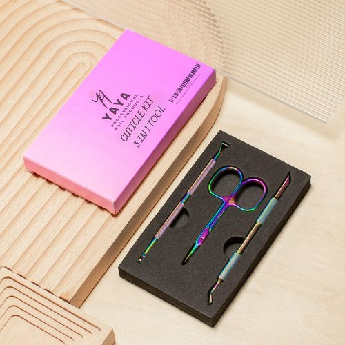 Cuticle Scissors with Cuticle Pushers, Extra Fine Curved Blade, 3in1 Professional Cuticle Tools Set, Nail Cuticle Trimmer Set, Manicure Kit, Pedicure Kit, Yaya Nails Cuticle Tool Kit (Rainbow)