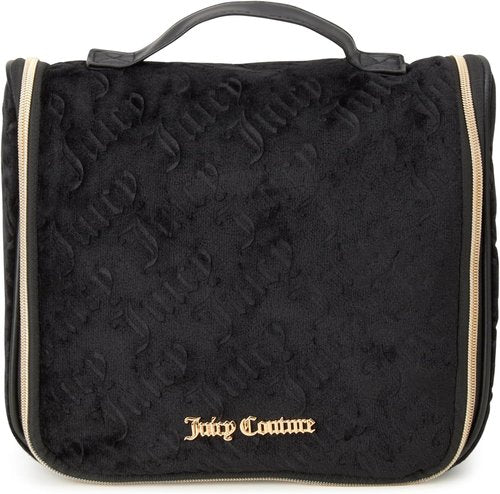 Juicy Couture Black Makeup Bag - Velour Cosmetics Organizer with Hanging Hook for Travel Essentials