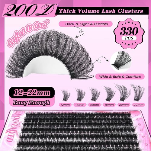 Lash Clusters Kit 330Pcs 200D Thick Lash Extension Kit Mega Volume Eyelash Extensions Kit 12-22MM Long Eyelash Extensions D Curly Individual Lashes Kit DIY at Home by FOINEMYED