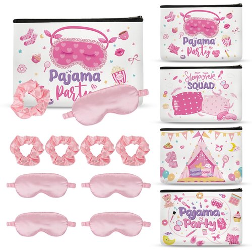Papiailove 12 Pcs Sleepover Party Supplies for Girls, Includes 4 Pink Plush Eye Masks, 4 Hair Bands and 4 Double-Sided Printed Makeup Bags Slumber Party Supplies Spa Birthday Party Favors