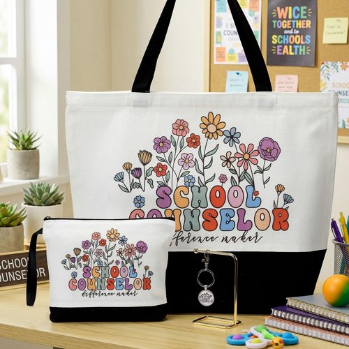 Kacctyen Employee Thank You Gifts Sets Canvas Tote Bag Makeup Cosmetic Bag Appreciation Keychains for Coworker Staff Women(3 Pcs,School Counselo)