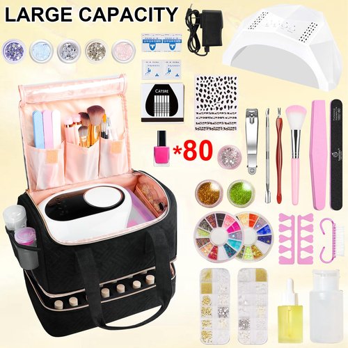 Veirdro Nail Polish Organizer Bag Holds 80 Bottles (15ml/0.5fl.oz)& Nail Lamp, Soft Velvet Nail Kit Storage Carrying Case with Shoulder Strap, Double Layer Nail Supplies Organizer Handbag Women Black