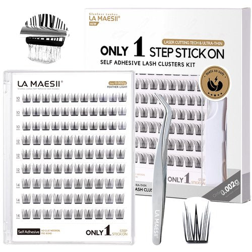 La Maesii Self Adhesive Eyelashes Kit, Natural Look 10-14mm Lash Clusters Kit Reusable Lash Clusters Pre-Glued DIY Eyelash Extensions, No Glue Needed, No Residue, Easy to Apply (Hybrid)