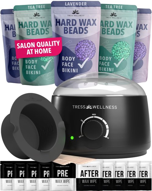 Tress Wellness Waxing Kit for Sensitive Skin – Safe for Face & Skin, Prep & Aftercare Wipes, Easy to Use – At-Home Kit for Face, Bikini, Brazilian & Full Body - Black, No Display