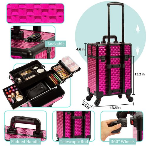 AROUS Rolling Makeup Train Case Cosmetic Travel Trolley with 4 Aluminum Trays with Sliding Rail Removable Middle Layer with Key Swivel Wheels Salon Barber Traveling Cart Trunk, Rose Red