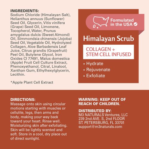 Himalayan Salt Scrub, Face, Foot, and Body Exfoliator with Collagen and Stem Cells, Exfoliating Scrub for Toning, Cellulite, and Skin Care by M3 16 fl oz