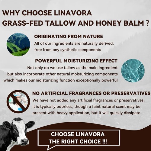 Linavora Tallow and Honey Balm – Natural Moisturizer with Grass-Fed Beef Tallow for Skin, Honey, Vitamin E – Unscented, 4oz – Ideal for Face & Body Care