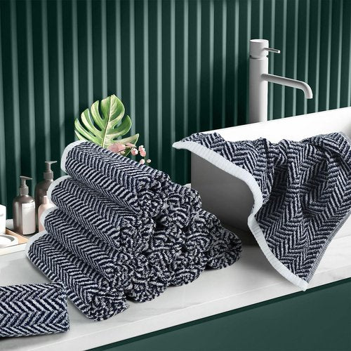Cleanbear Wash Cloths for Showering with Striped Herringbone Patterns, 12 Cotton Washcloths for Bathroom, Large 13 X 13 Inches, Navy-Blue