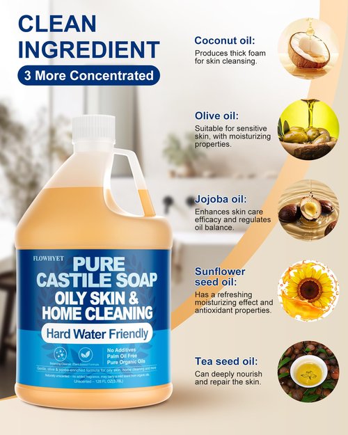 FLOWHYET Pure Castile Soap Liquid Unscented 1 Gallon(128 fl oz) Refill, Organic Body Wash Bath Soap Castile Liquid,Hard Water Oily Skin Friendly for Body, Face, Hand, Multi-Purpose Home Cleaner