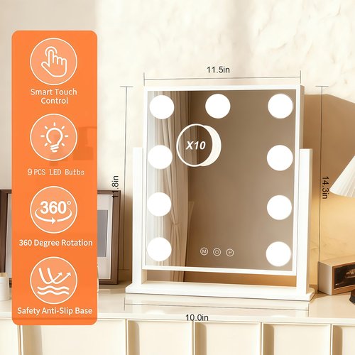 Honwang Lighted Vanity Mirror with 9 LED Lights, Detachable 10x Magnifying Mirror, 3-Color dimmable Hollywood Makeup Mirror, Smart Touch Control, Metal Frame, 360-degree Rotation, White/Black (White)