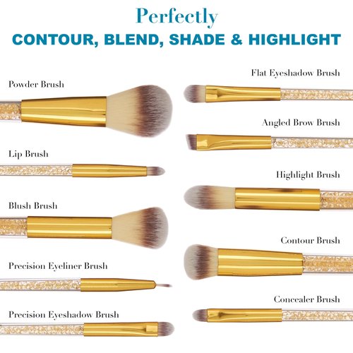 10pc Pro Makeup Brush Set w/Sparkling Gemstones in Gold - 10 Quality Soft Bristle Makeup Brushes For Everyday Use - Professional Makeup Brushes & Tools