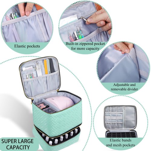 RZMAYIS Nail Polish Organizer, Nail Polish Storage Holds 30 Bottles & Nail Lamp, Double Layer Nail Bag Organizer Case, Portable Nail Polish Holder for Nail Tech Travel & Manicure Kit