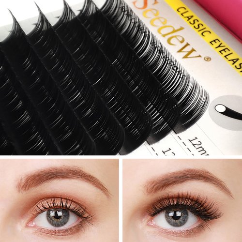 SEEDEW Classic Individual Eyelash Extensions, 7mm C Curl 0.15mm 16 Rows/Tray, Single Natural Soft Lightweight Short Bottom Lashes Grafting Supplies for Lash Artists Salons (Matte Black-0.15-C-7mm)