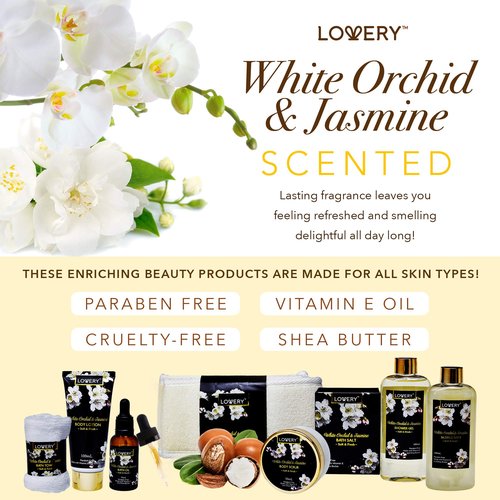 Gift Baskets for women Mom Gifts, Bath and Body Spa Set– Orchid & Jasmine Home Spa Set With Body Scrubs, Lotions, Oils, Gels and More - Care Package for Women & Men - 9 Piece Set