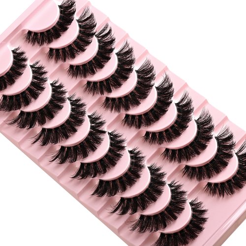 APCYUST Lashes False Wispy Eyelashes Natural Volume Cat Eye Lash Strips Thick Fake Mink Eyelash Pack Natural Looking Fluffy Full Strip Lashes Set Clear Band Easy Eyelashes for Beginners