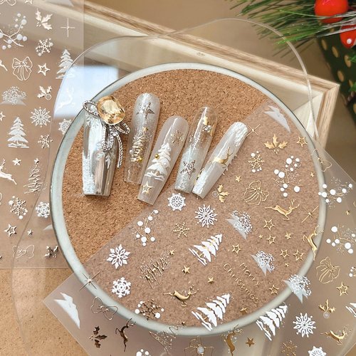 modelones Christmas Nail Stickers 3D Self-Adhesive nail decals Christmas Tree, Snowflakes, Santa Claus, Reindeer & Snowman, Winter Holiday Christmas DIY Nail Stickers for Women & Kids 5Pcs