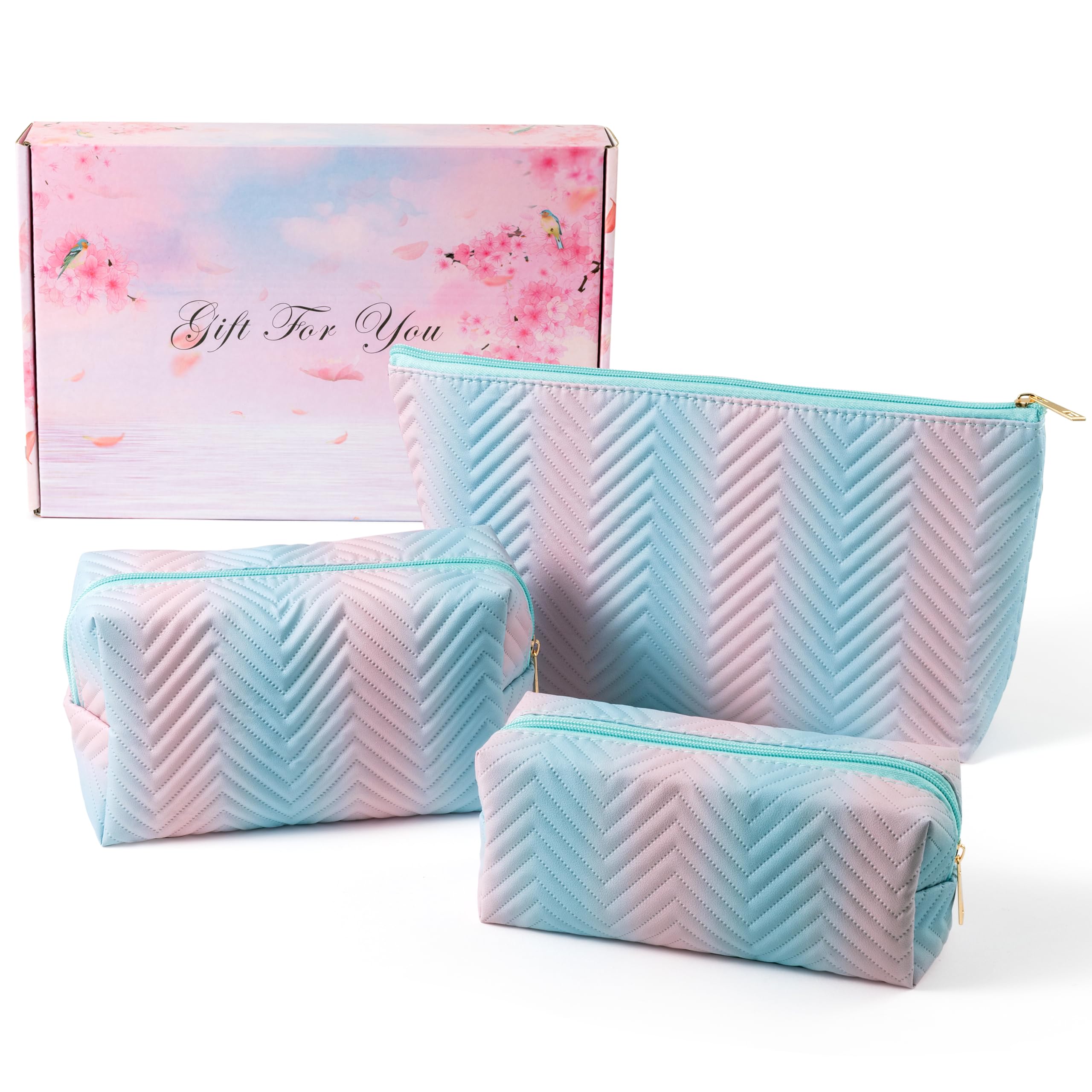 Y1tvei Gradient Makeup Bag Set - 3Pcs Blue Pink Gradient Makeup Bag Colorful Leather Waterproof Fantasy Cosmetic Pouch Makeup Brush Bag Zipper Carry Pouch Travel Toiletry Organizer Gifts for Women