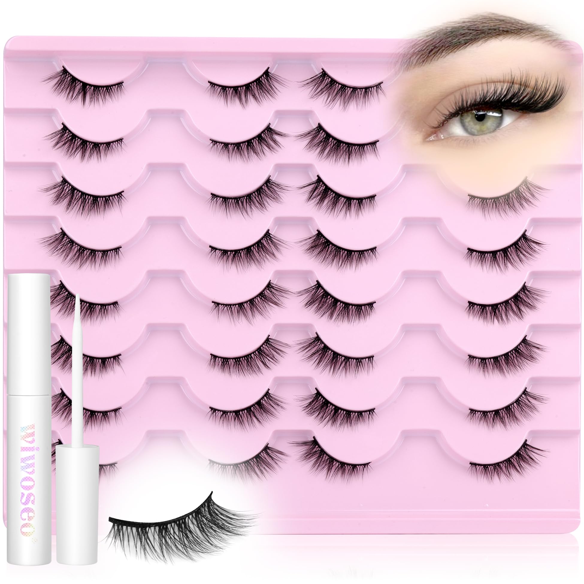 wiwoseo Half Lashes Natural Eyelashes with Glue Cat Eye Lashes Natural Look False Eyelashes with Lash Glue Pestañas Postizas Naturales Half Eyelashes Kit with Clear Eyelash Glue 16 Pairs