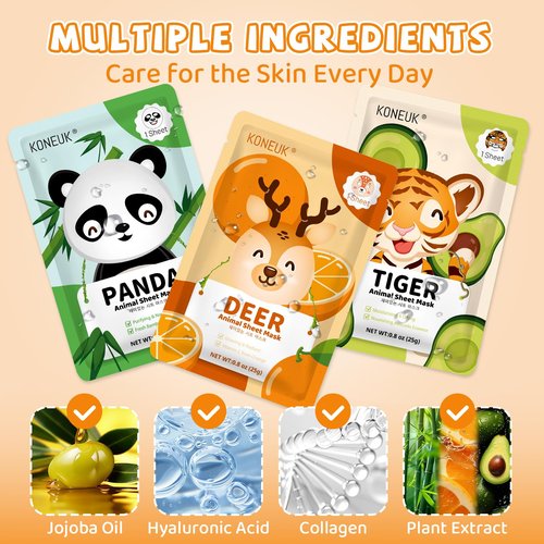 KONEUK 9 Pack Animal Face Masks Skincare for Kids, Bulk Sheet Hydrating Face Mask for Kids Skin Care, Collagen Face Mask for Teens Women, Valentines Day Gifts, Spa Party Gifts for Teen Girls
