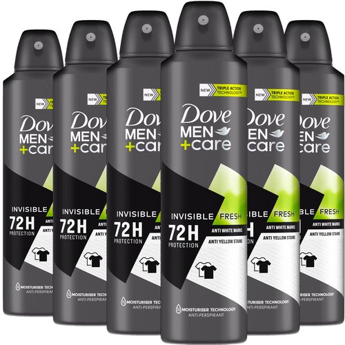 Dove Men+Care Antiperspirant Deodorant Invisible Fresh, 6 Pack, Long Lasting 72 Hour Odor Protection, No White Marks or Yellow Stains, Soothes & Moisturises Skin, 5 oz. Each