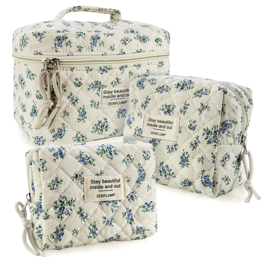 ZERFLUMP Cute Quilted Floral Makeup Bag(3Pcs)，Coquette Aesthetic Cosmetic Bag，Travel Toiletry Bags， Kawaii Aesthetic pouch for Women (4 - Little Blue Flower)