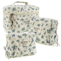 ZERFLUMP Cute Quilted Floral Makeup Bag(3Pcs)，Coquette Aesthetic Cosmetic Bag，Travel Toiletry Bags， Kawaii Aesthetic pouch for Women (4 - Little Blue Flower)