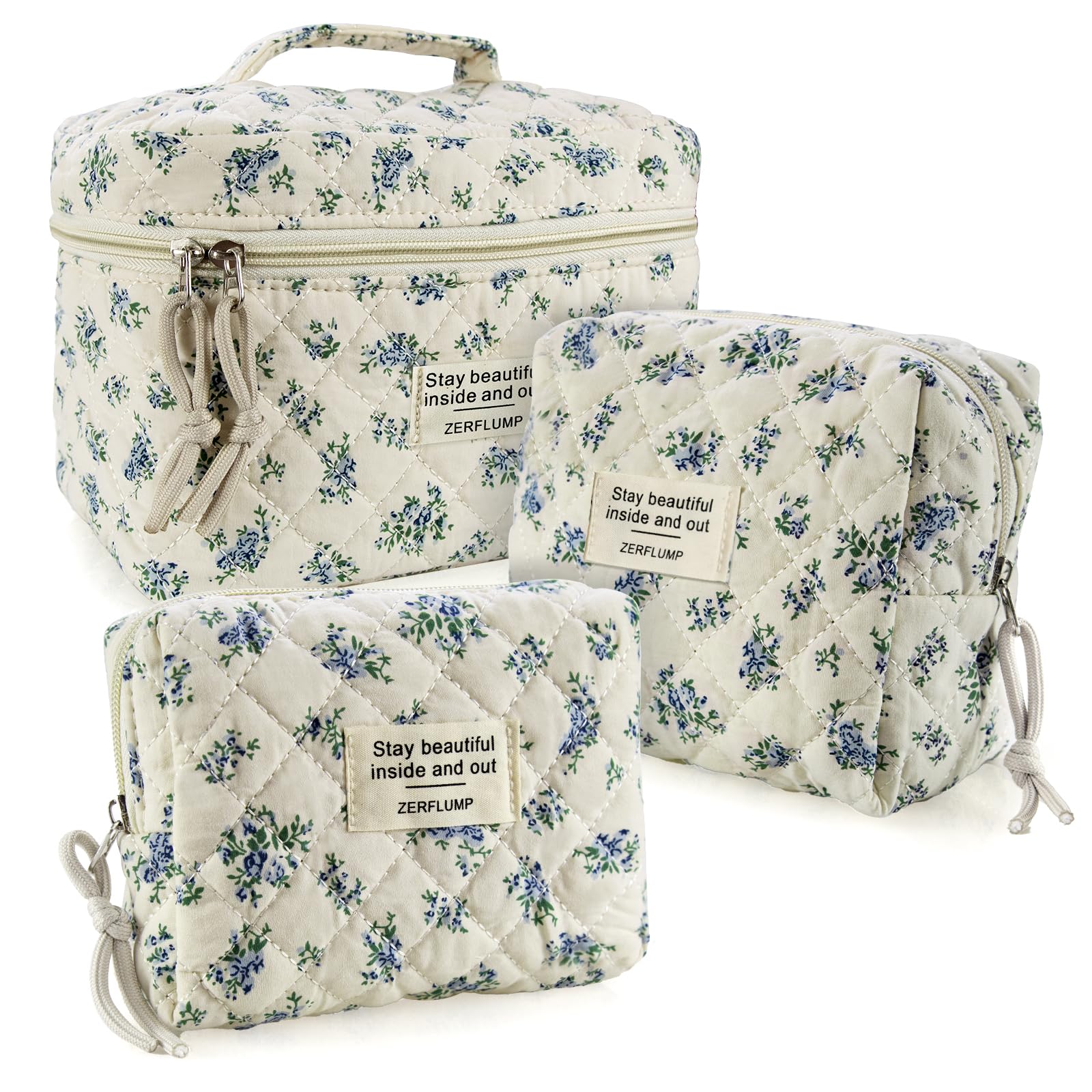 ZERFLUMP Cute Quilted Floral Makeup Bag(3Pcs)，Coquette Aesthetic Cosmetic Bag，Travel Toiletry Bags， Kawaii Aesthetic pouch for Women (4 - Little Blue Flower)