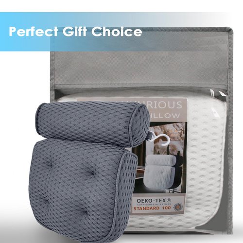 AEROiVi Luxury Bath Pillows for Tub，Bath Pillow Bathtub Pillows for Head and Neck Support Bath Cushion Made from Soft Spacer Mesh Material with Suction Cups,Gray