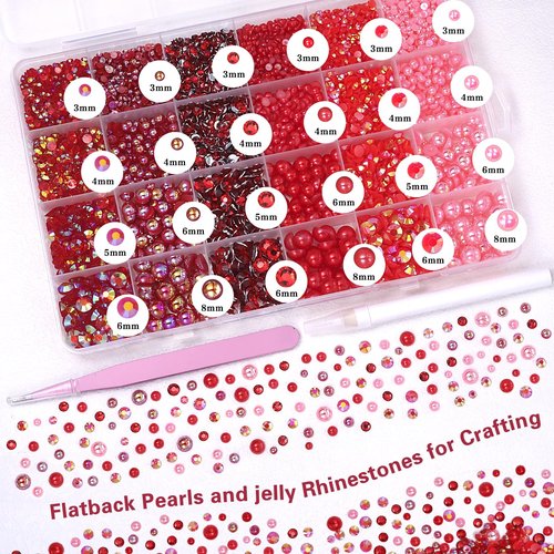 9000 Pcs Red Flatback Pearls and Rhinestones for Crafts, 3/4/5/6mm Jelly Resin Rhinestones, Mixed Size 3/4/6/8mm Half Pearl Bedazzling Gems for Nail DIY Crafts Mugs Bottles Tumblers Clothes Makeup