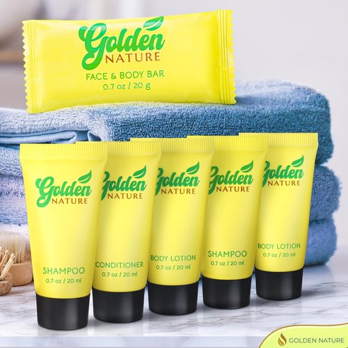 Golden Nature - Travel Size Hotel Toiletries Bundle - Jasmine, 0.7 oz each, 200 Pcs - 4-Piece Set: 50 Rectangular Bar Soap, 50 Shampoo, 50 Conditioner & 50 Body Lotion - Bulk Small Toiletries