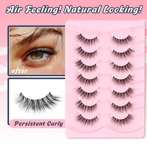 Natural Cat Eye Lashes Wispy Eyelashes 14mm Lightweight False Eyelashes 3D Volume Natural Lashes 0.1mm Thin Cotton Band Lash Strips Pack C Curl Soft Eyelash 7 Pairs Siligli