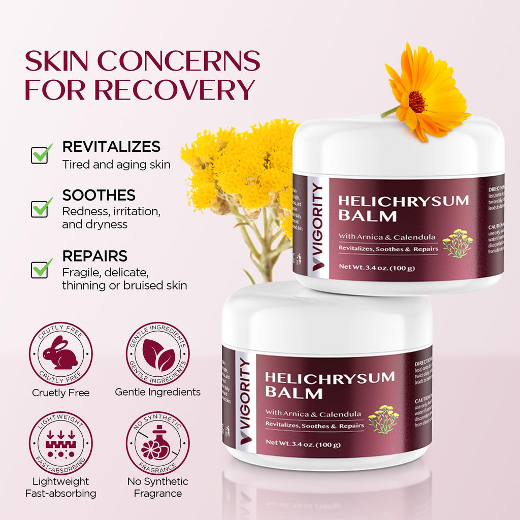 Vigority Helichrysum Balm Soothes & Repairs: Restorative Cream with Arnica & Calendula for Thin, Fragile, Bruised & Aging Skin – Moisturizes & Revitalizes Face & Body – Whipped Texture – 3.4 oz