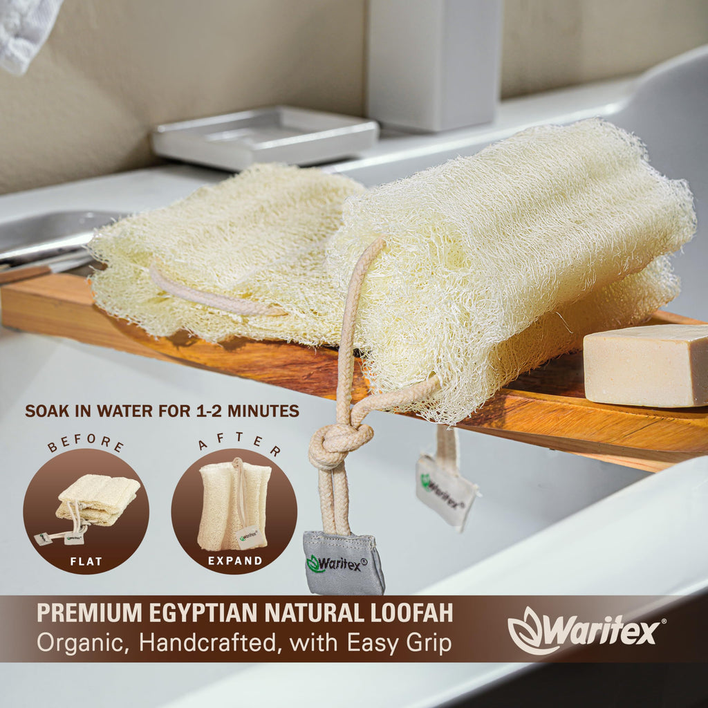 Waritex Premium Natural Egyptian Loofah Sponges, Made from 100% Natural Organic Material, Gentle Skin Exfoliation, and Full-Body Spa Experience – Eco-Friendly Loofah 2 Count (1 Pack)