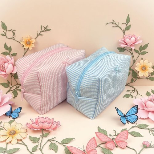 10 Pcs Cotton Quilted Makeup Bags Bulk-Easter Basket Gifts Bulk Bow Stripe Cosmetic Bags Coquette Aesthetic Makeup Pouch with Zipper Travel Portable Bag Preppy Gifts for Women (Blue 5pcs+Pink 5pcs)