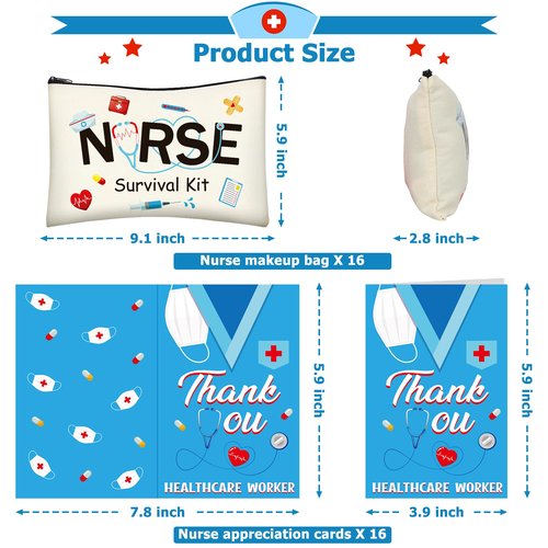 Nurse Bags, 32 PCS Nurse Makeup Bag Thank You Nurse Card, Nursing Day Appreciation Cards Nurse Week Carvas Cosmetic Bag Survival Kit with Zipper Funny Thank You Cards Nurse Supplies