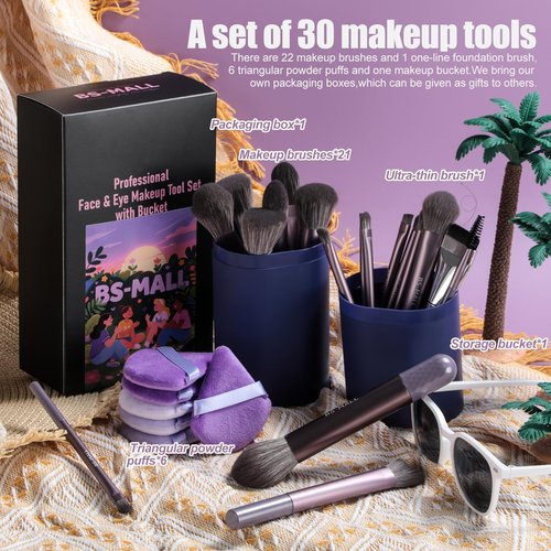 BS-MALL 21 Pcs Professional makeup brush set with foundation brush for liquid Makeup, eyeshadow Brush, concealer brush - Includes 6 Triangle Puffs & case for Even, Multi-purpose application (Purple)