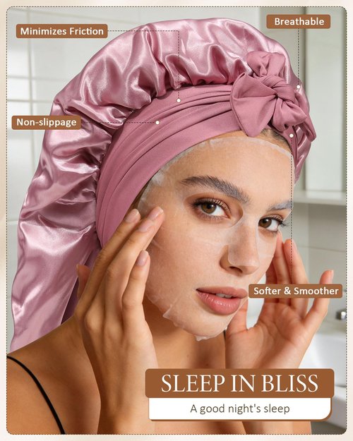 AWAYTR Long Satin Bonnet for Sleeping - Double Layer Reversible Silk Bonnet for Long Hair Women Sleeping Cap with Tie Band (Rose Gold+Pink)
