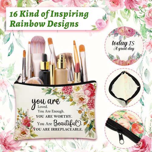 Kacctyen 20 Pcs Floral Inspirational Gifts Canvas Cosmetic Bags Compact Mirrors Makeup Bags Thank You Travel Toiletry Pouch Bulk Mothers Day Gift for Church Mom Women Teacher Coworker Employee