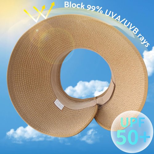 NPJY Sun Hats for Women - Wide Brim Roll-Up Beach Hat | Packable & Foldable Straw Visor