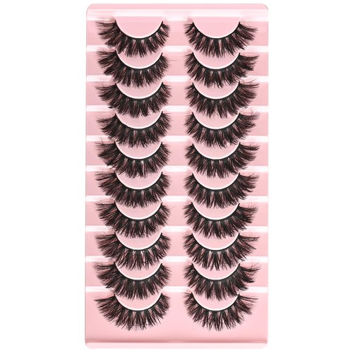 FARRED False Lashes Wispy Natural Strip Eyelashes 14mm Cat Eye Mink Lash Strips Full Volume Fake Cateye Eyelash Pack Natural Look 10 Pairs Short Thick Fluffy Pestañas Postizas for Women