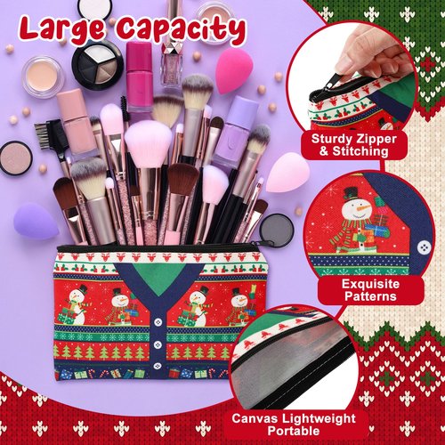 SilTriangle 24 Pcs Christmas Makeup Bags Bulk Cosmetic Bags 7 x 4.33 Inches Zipper Portable Pouch Purses Gifts for Women Holiday Travel Xmas Party Supply(Ugly Sweater)