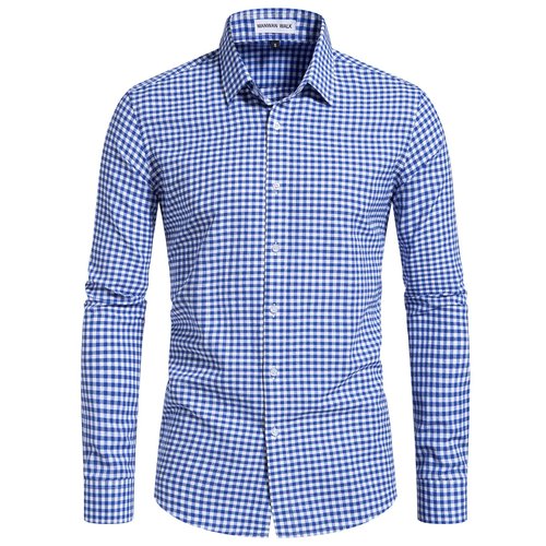 Manwan walk Men's Plaid Button Down Shirts Slim Fit Long Sleeve Casual Business Shirts Dark Blue XL