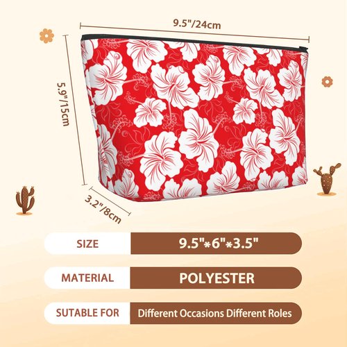 Red White Hibiscus Flower Cosmetic Bags for Women,Hawaiian Small Makeup Bag for Purse Travel Toiletry Bag Make up Accessories Organizer Zipper Pouch Gift Idea