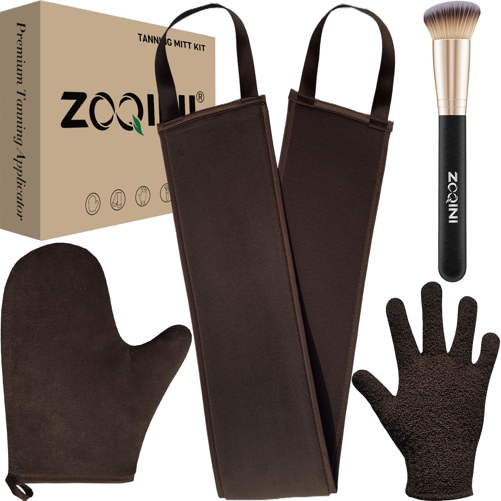ZOQINI Self Tanning Mitt Kit, Velvety Soft Tanner Mitt and Back Tanning Applicator, Exfoliating Glove, Angled Face Tanner Brush for Sunless Tanning Oil Lotion Mousse Gel (4 Pack Bronze, Boxed)