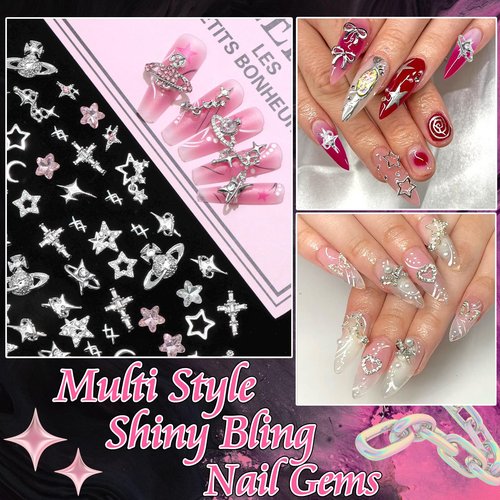 RODAKY 128PCS Silver Nail Charms Cross Star Charms for Nails 3D Saturn Planet Nail Jewelry Pink Nail Rhinestone Gems Mixed Style Y2K Nail Decoration Manicure Design Nail Accessories